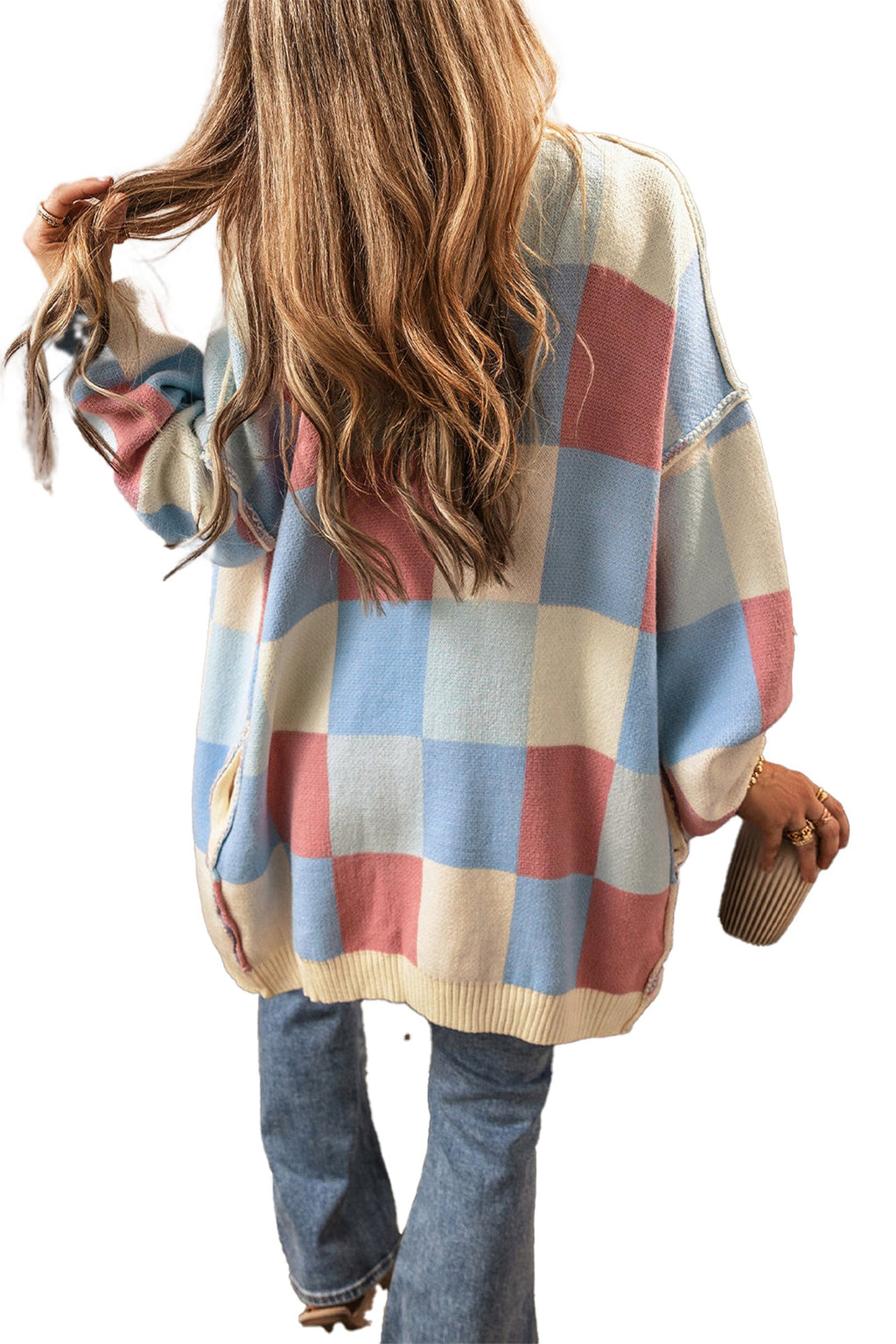 Light Blue Checkered Cardigan For Stylish Layers