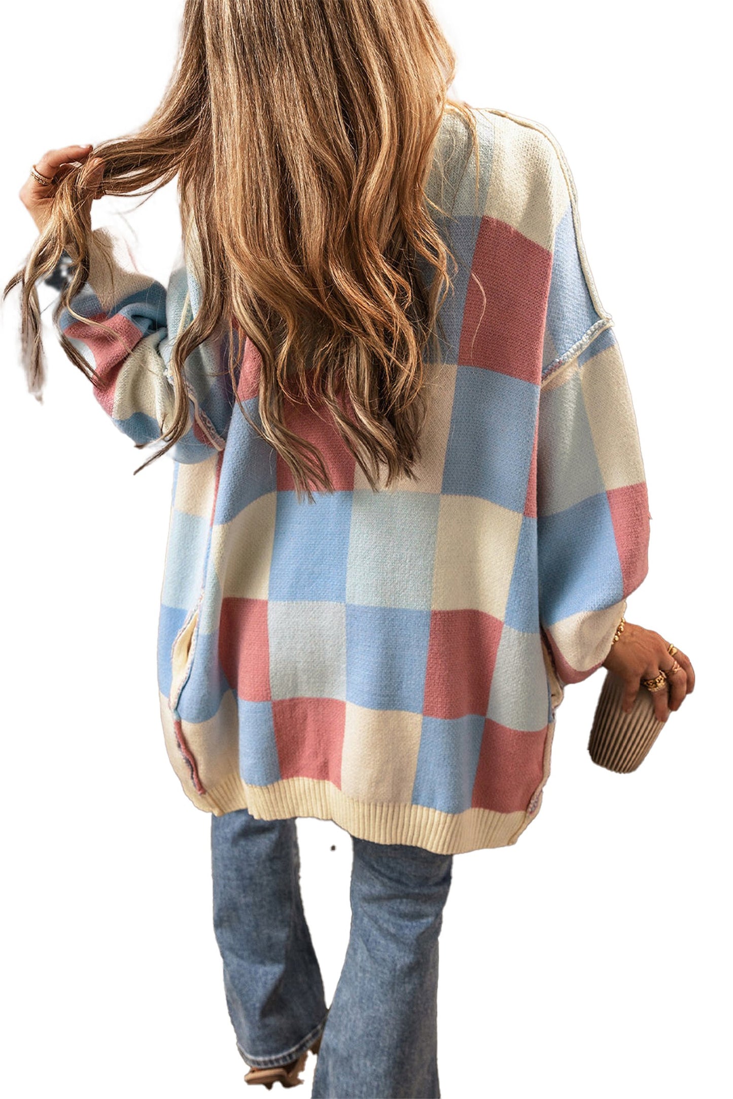 Light Blue Checkered Cardigan For Stylish Layers