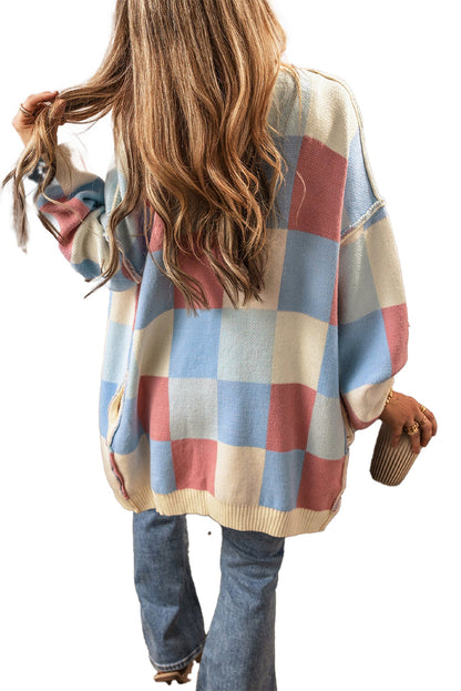 Light Blue Checkered Cardigan For Stylish Layers