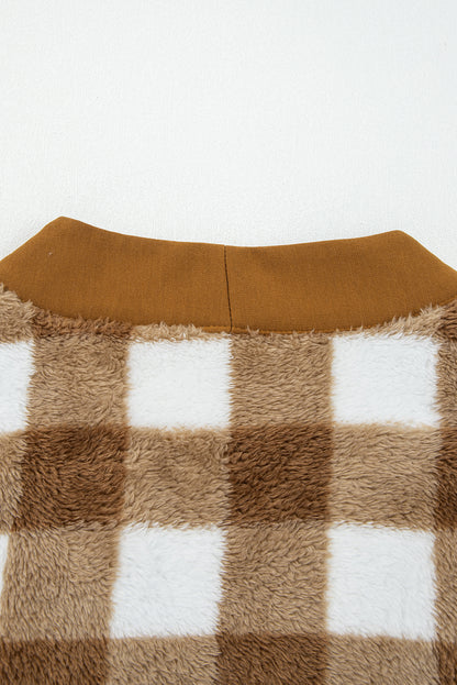 Dear-Lover Brown Checkered Sherpa Cardigan For Cozy Chic