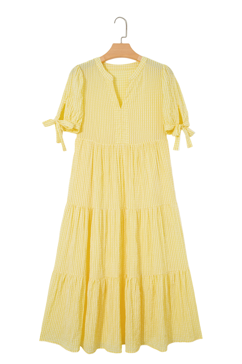 Dusk Blue Gingham Textured Bow Tie Short Sleeve Tiered Midi Dress