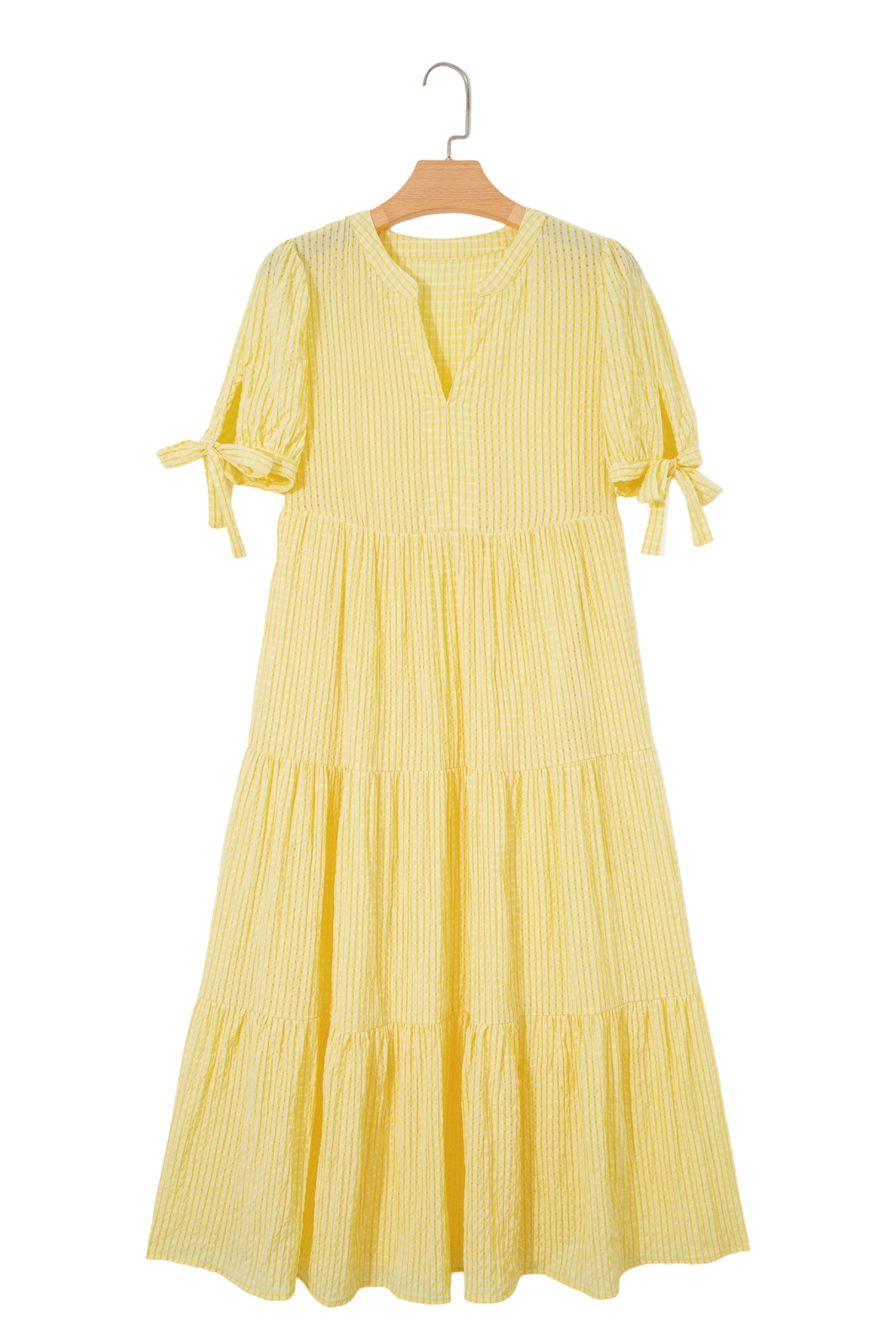 Dusk Blue Gingham Textured Bow Tie Short Sleeve Tiered Midi Dress