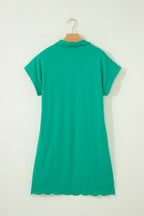 Beau Blue Solid Color Snap Button Polo Collar Short Sleeve Scallop Hem Mini Dress