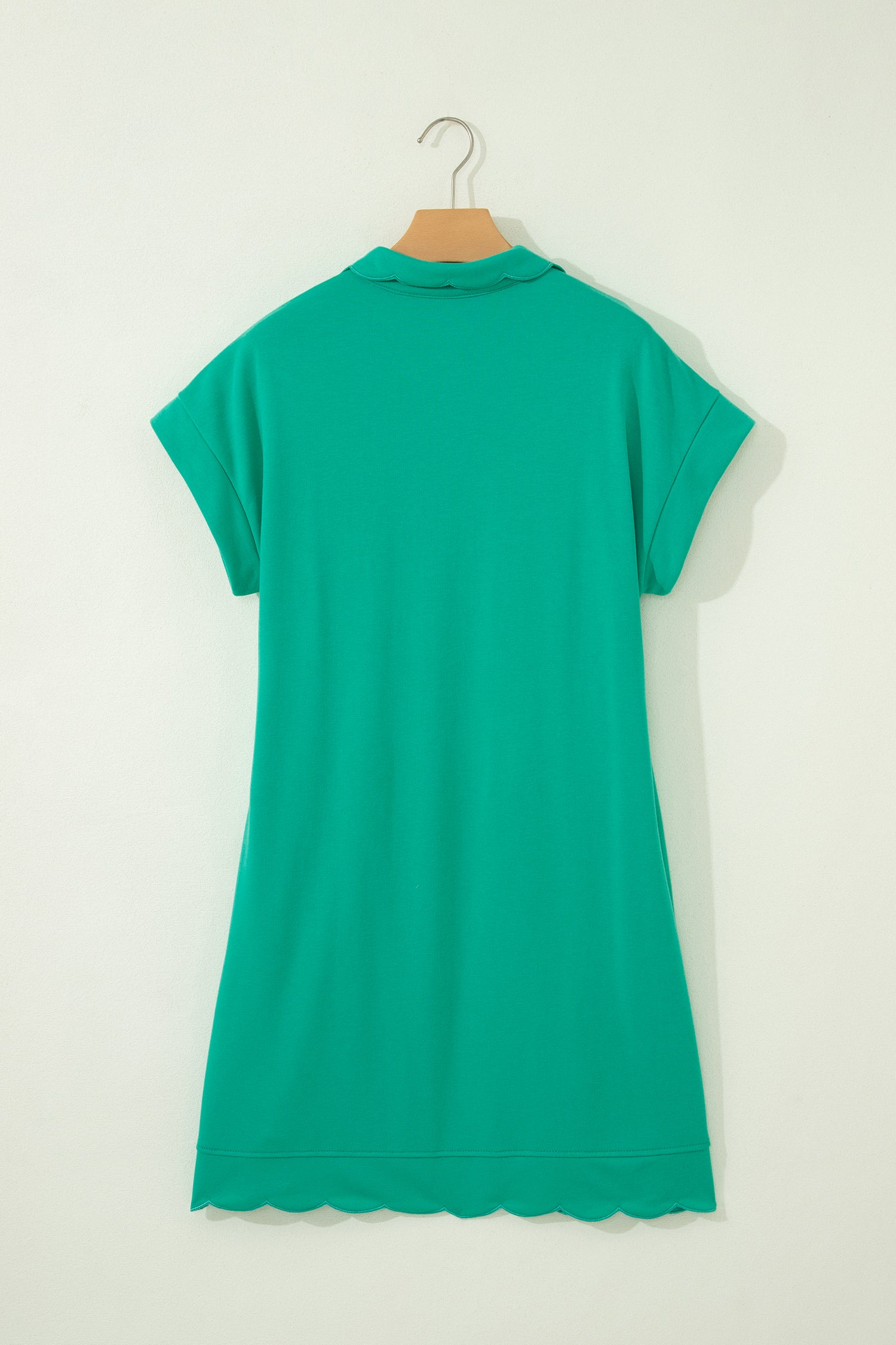 Beau Blue Solid Color Snap Button Polo Collar Short Sleeve Scallop Hem Mini Dress