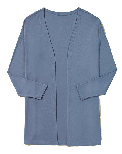 Blue Rib Knit Open Front Cardigan