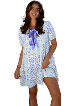 Sky Blue Leopard Mini Dress Puff-Sleeve Bow