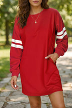 Red Varsity Sweatshirt Dress Cozy Pocketed Mini