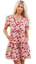 Red Floral Puff Sleeve Mini Dress