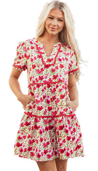 Red Floral Puff Sleeve Mini Dress