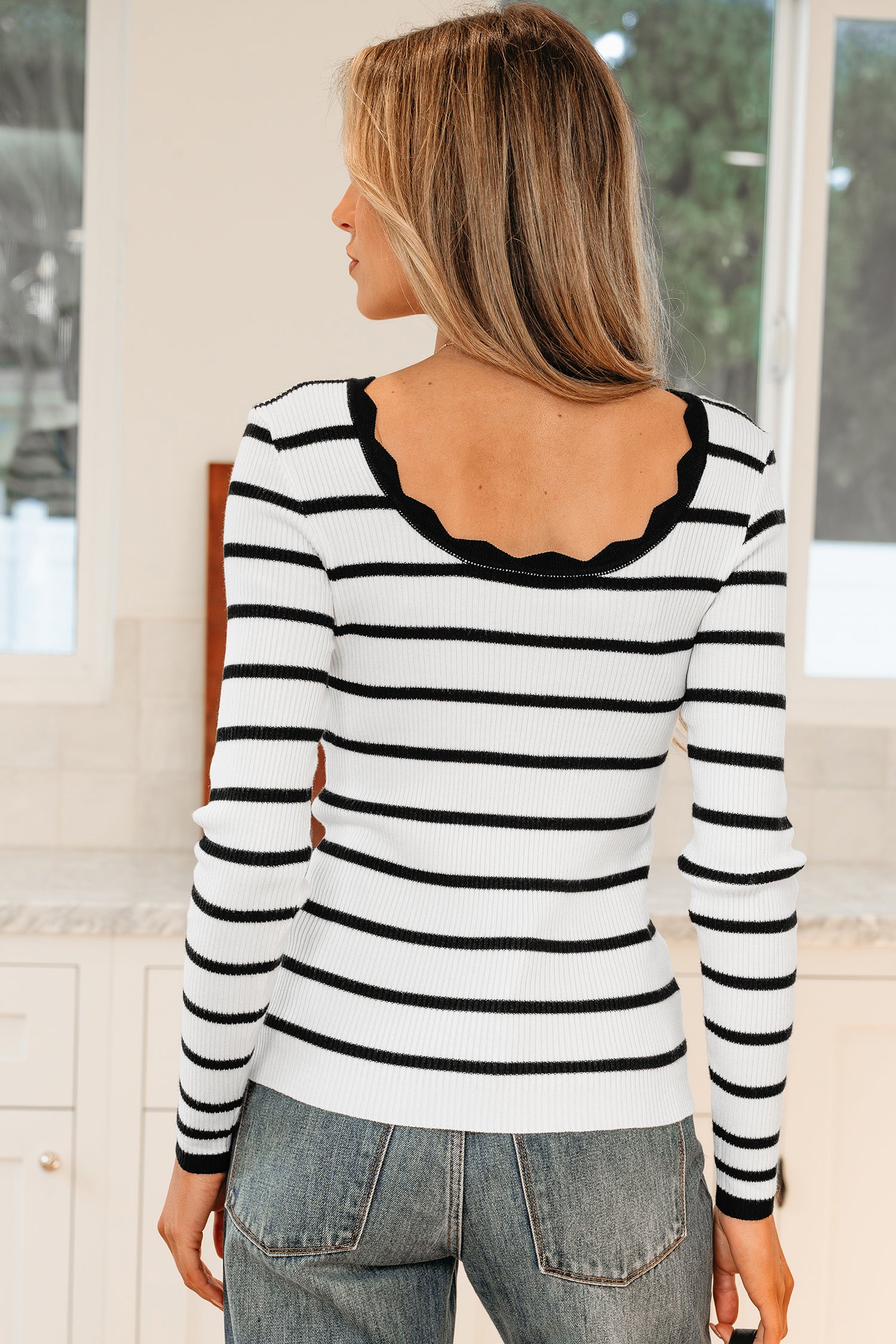 Black And White Striped Scalloped Sweater