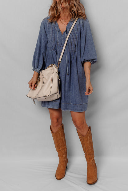 Denim Mini Dress With Tie Neck Long Sleeve