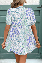 Sky Blue Leopard Mini Dress Puff-Sleeve Bow
