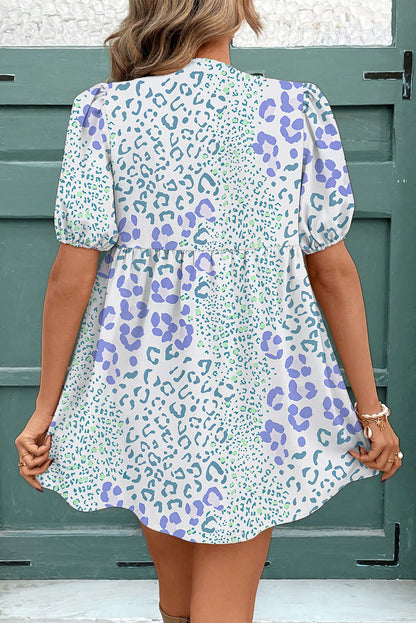 Sky Blue Leopard Mini Dress Puff-Sleeve Bow
