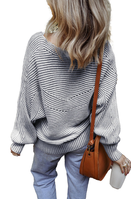 Blue Striped Knit Boat Neck Sweater