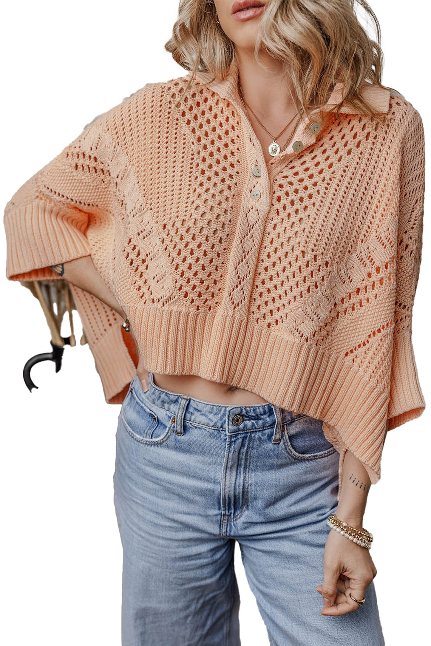 Apricot Pink Hollow Knit Sweater Cardigan