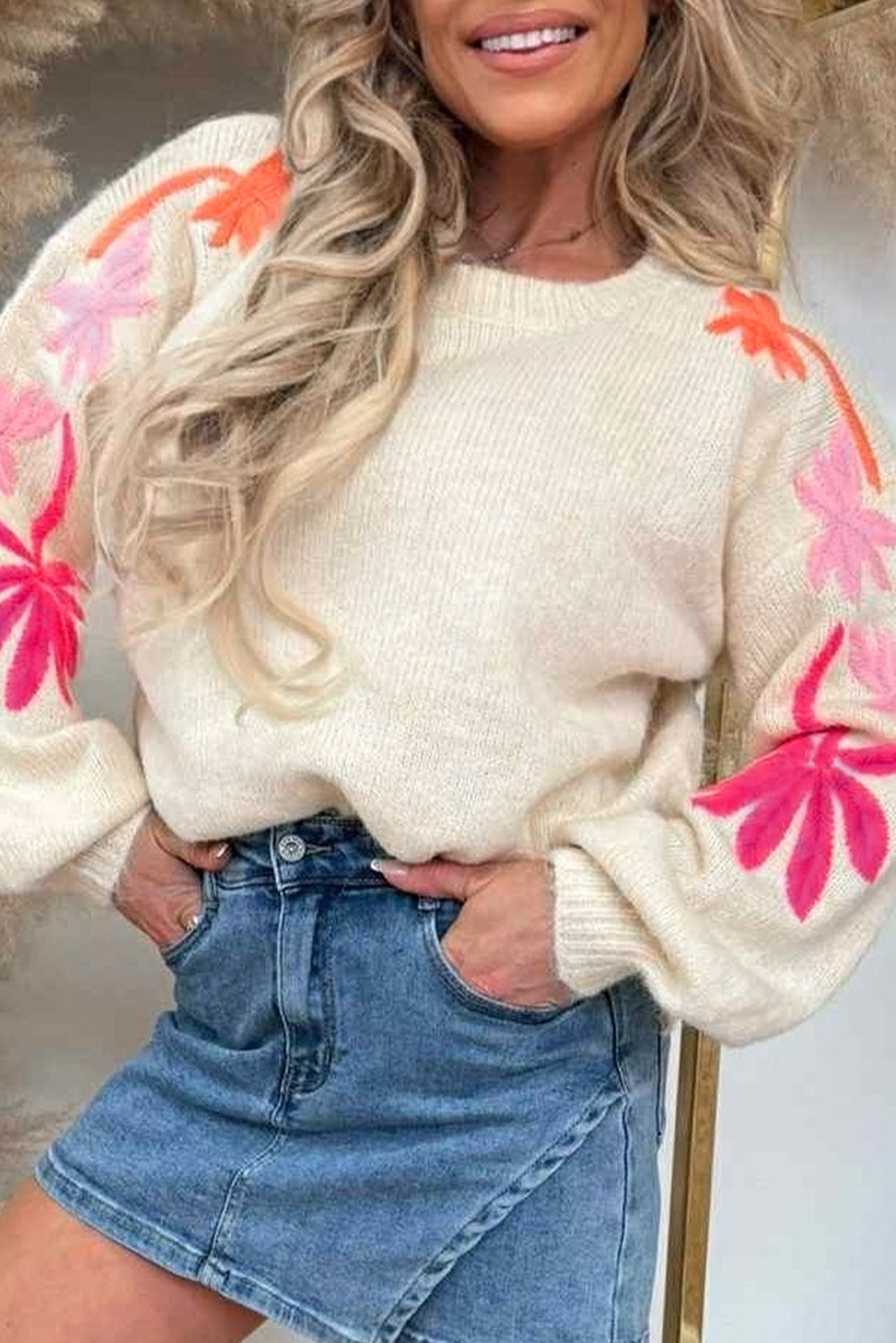 Beige Embroidered Floral Sweater