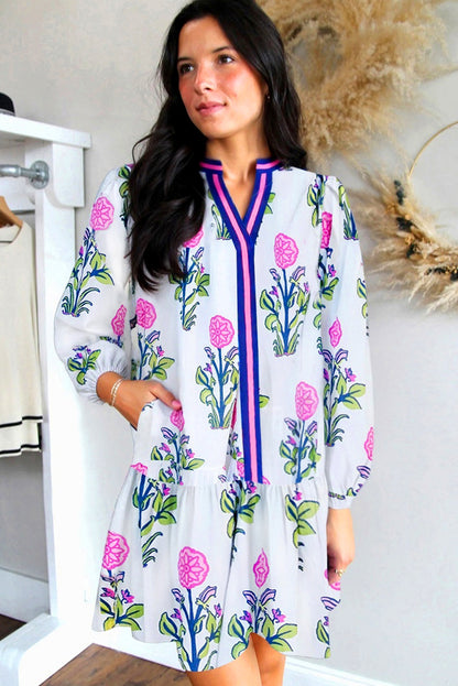 White Floral Print Long Sleeve Dress