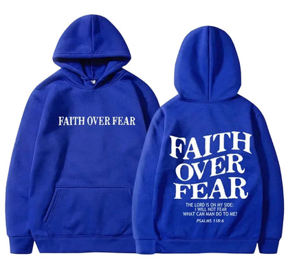 LuckeLadybug LLC blue faith over fear hoodie with front and back designs featuring inspirational text