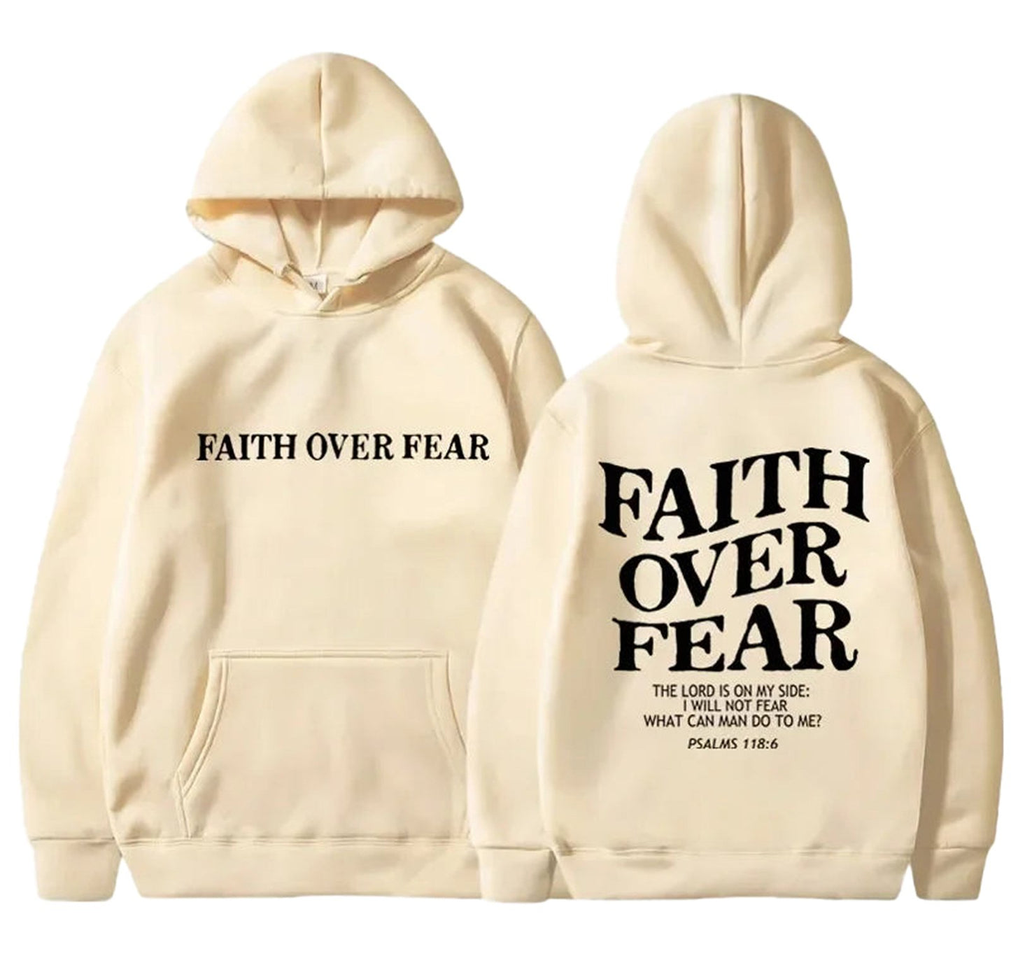 Cream Faith Over Fear Hoodie featuring a printed motivational quote and stylish design