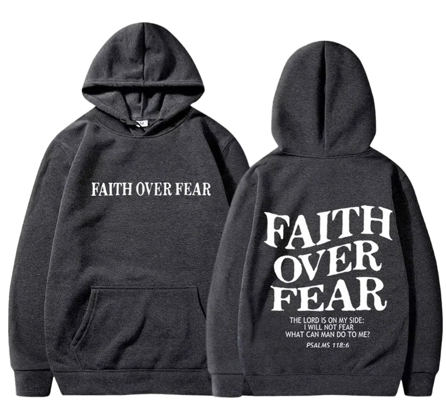 LuckeLadybug faith over fear hoodie in gray featuring bold front and back designs with scripture