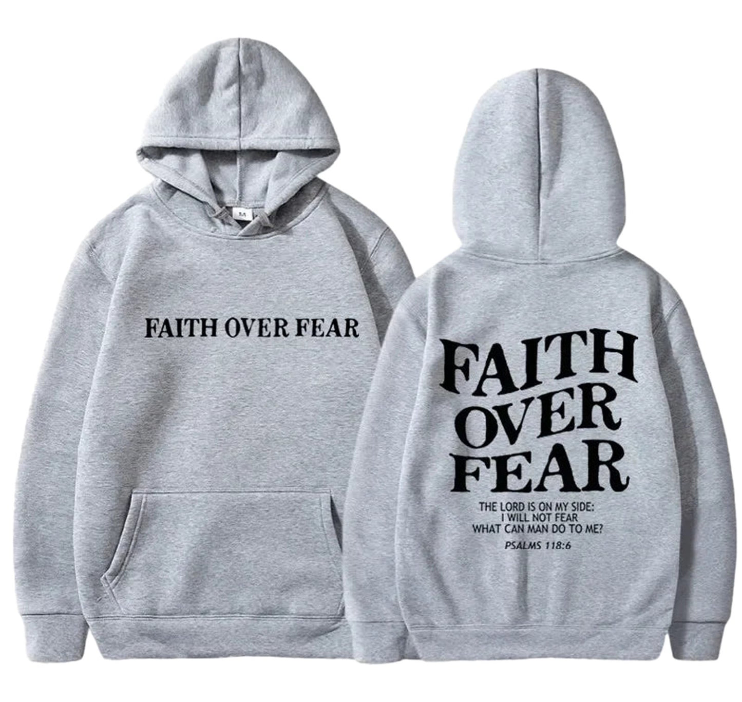 Faith Over Fear Hoodie by LuckeLadybug LLC in gray featuring front and back designs with inspirational text