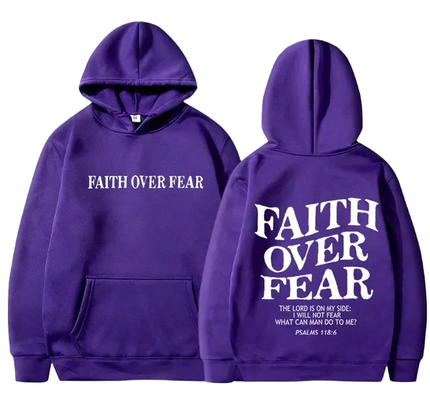 Purple faith over fear hoodie with inspirational text on front and back from LuckeLadybug LLC