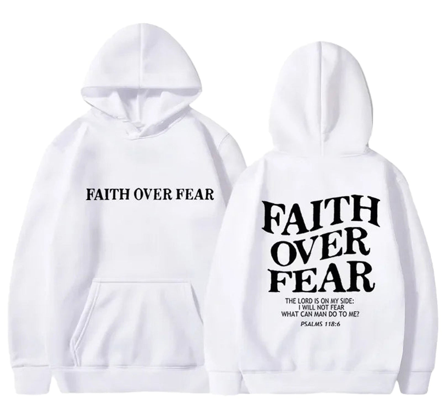 LuckeLadybug LLC faith over fear hoodie in white with inspirational text design on front and back
