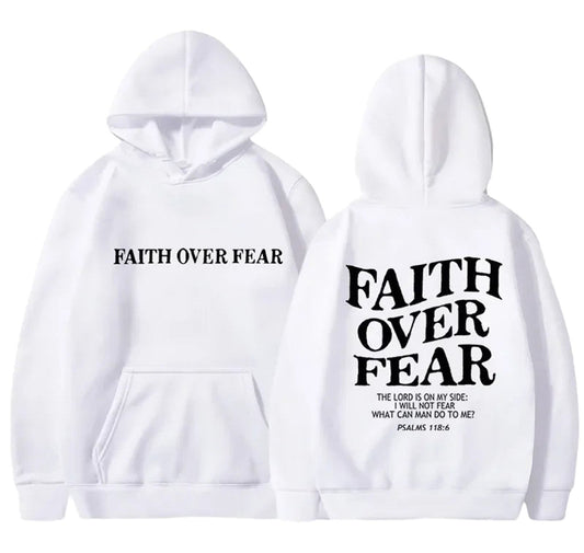 LuckeLadybug LLC faith over fear hoodie in white with inspirational text design on front and back