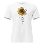 White Faith Sunflower Butterfly Shirt for Women featuring a sunflower and butterflies design