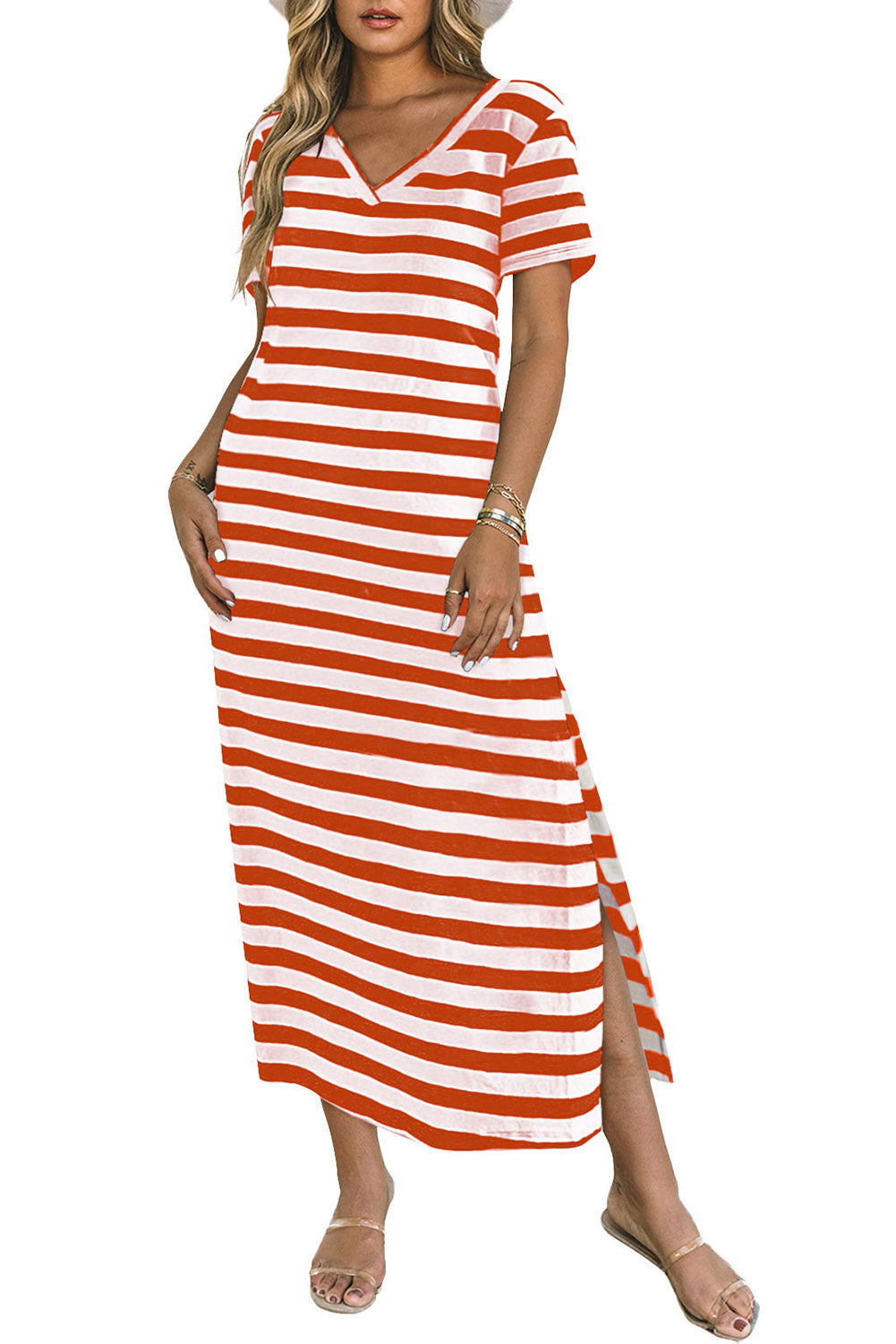 LuckeLadybug LLC Orange and White Striped T-Shirt and maxi dress with side slits for casual summer style