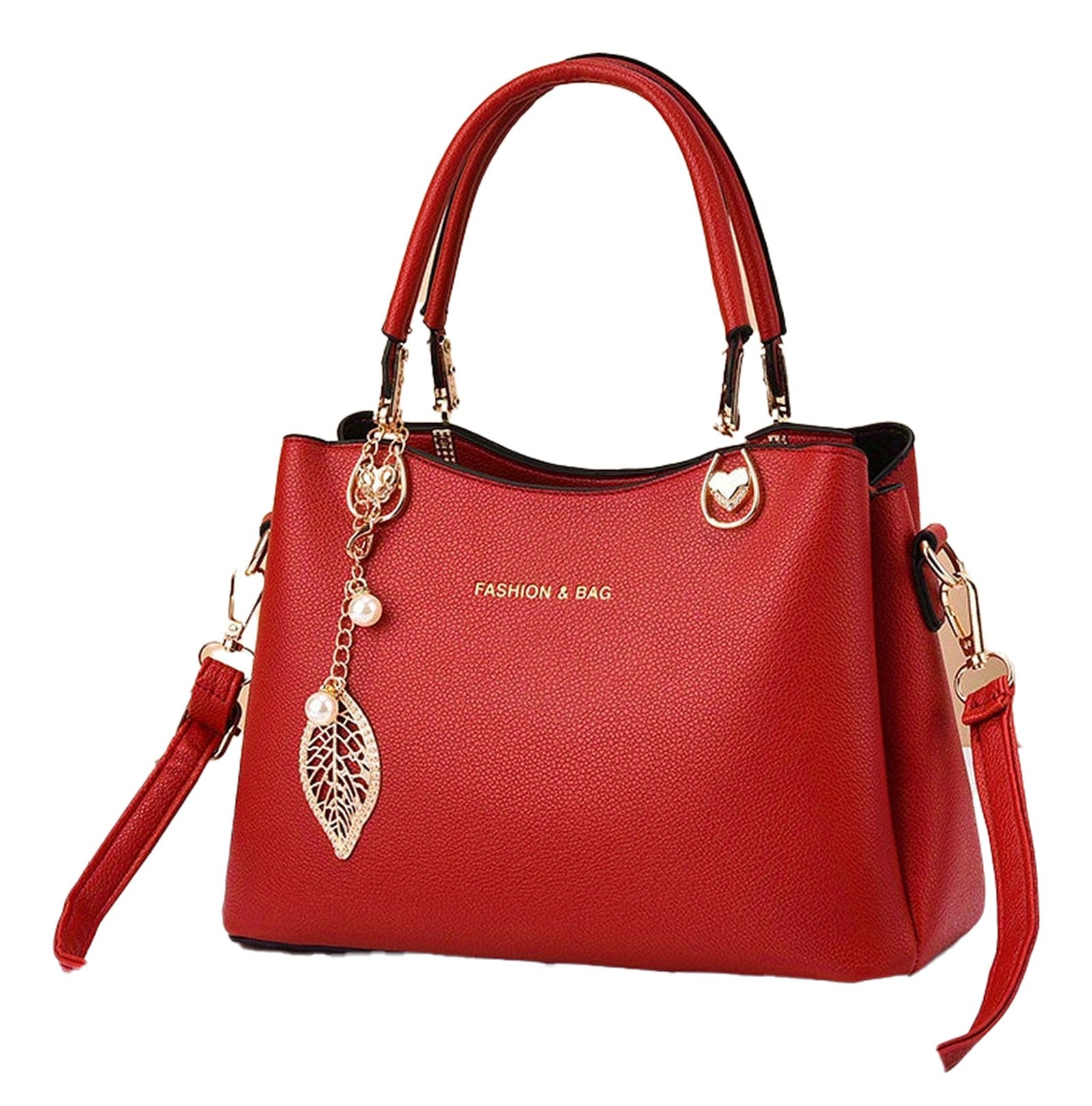 Stylish red satchel handbag featuring a detachable strap and decorative charm, perfect for any occasion.