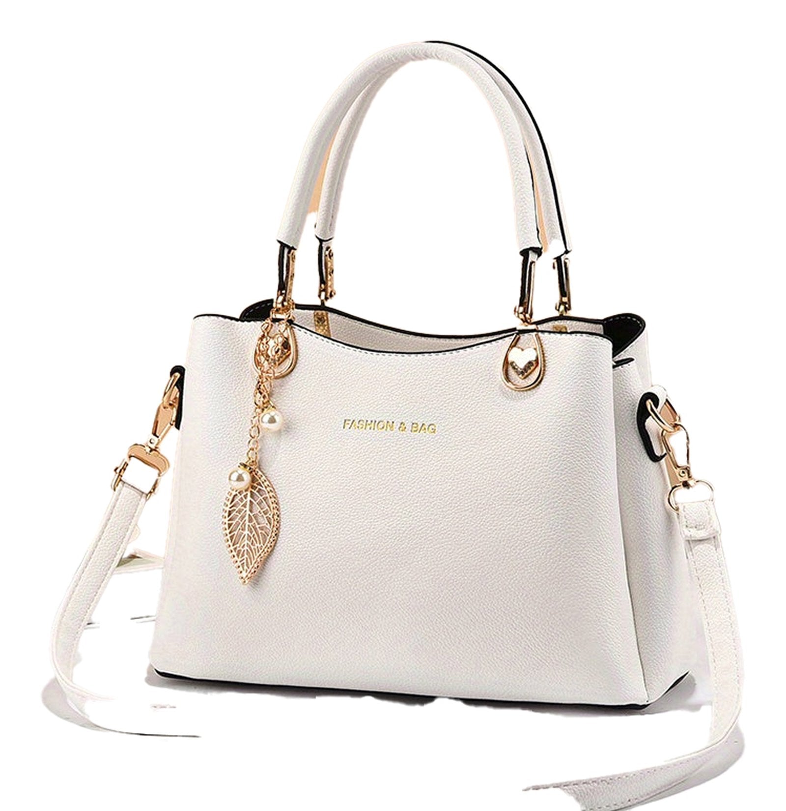 Elegant white handbag for women with gold accents and detachable shoulder strap for versatile styling