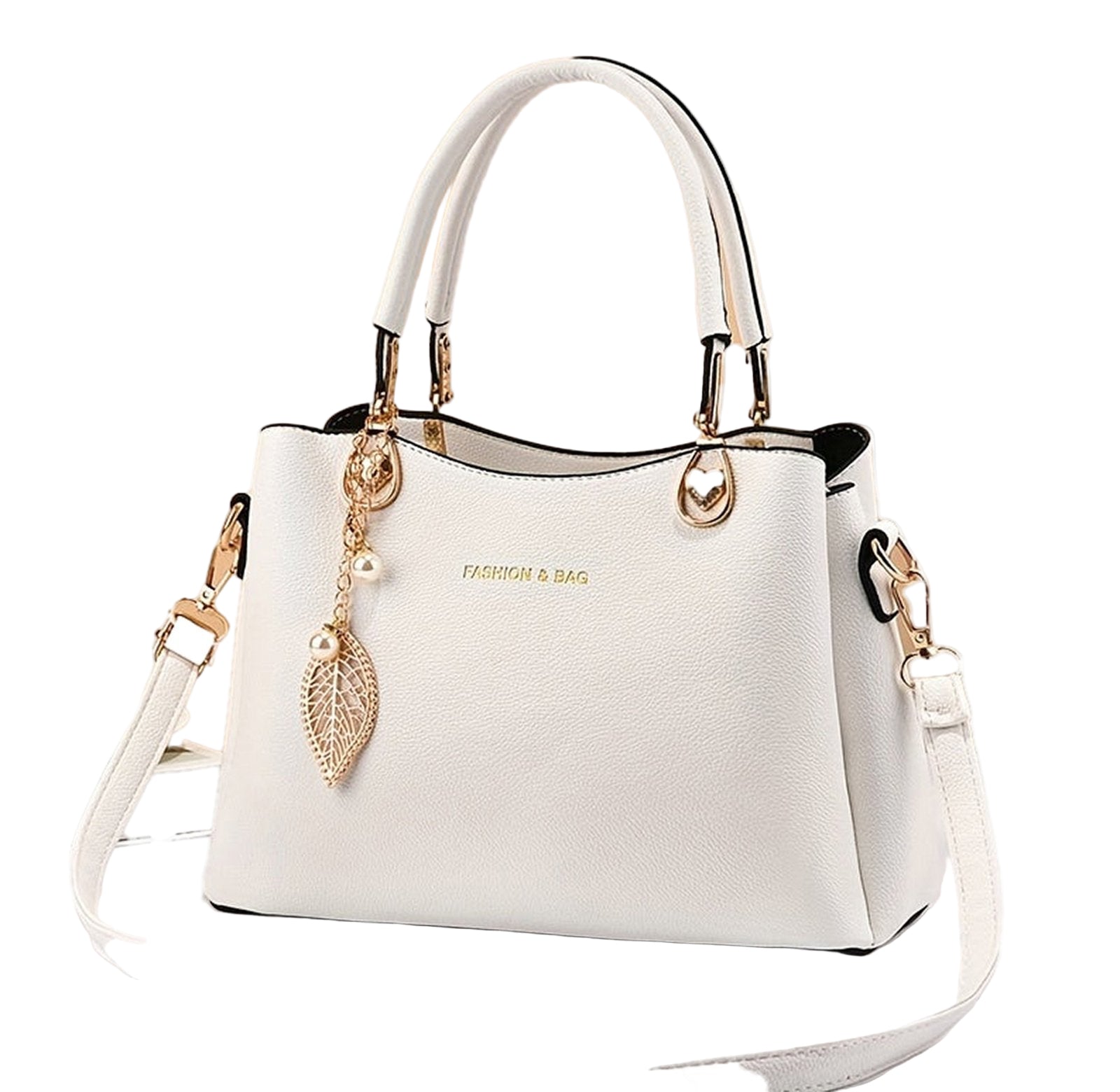 Elegant white handbag for women by LuckeLadybug LLC with stylish gold accents and detachable strap