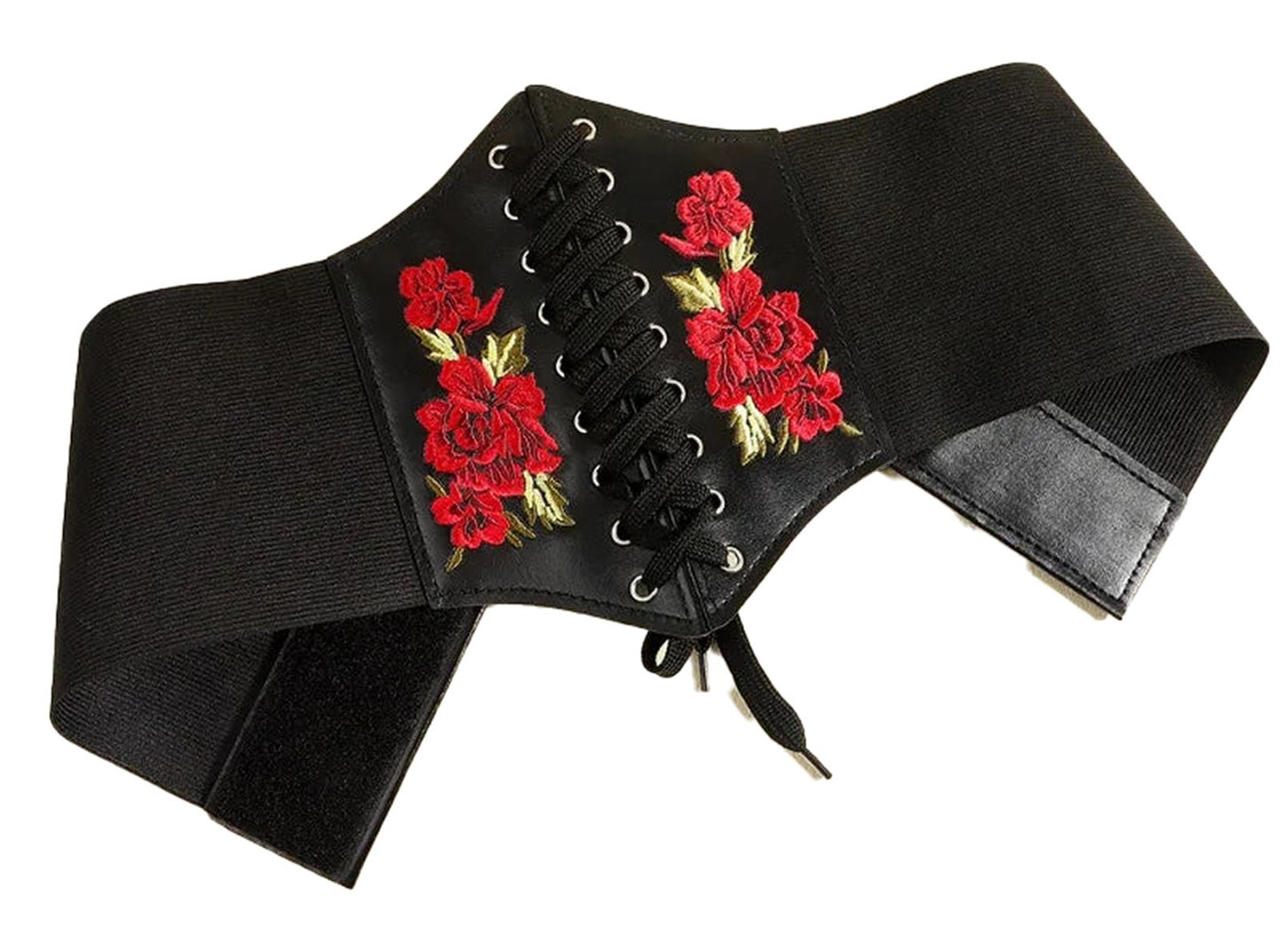 LuckeLadybug fashion corset belt for women with black fabric and red floral embroidery design
