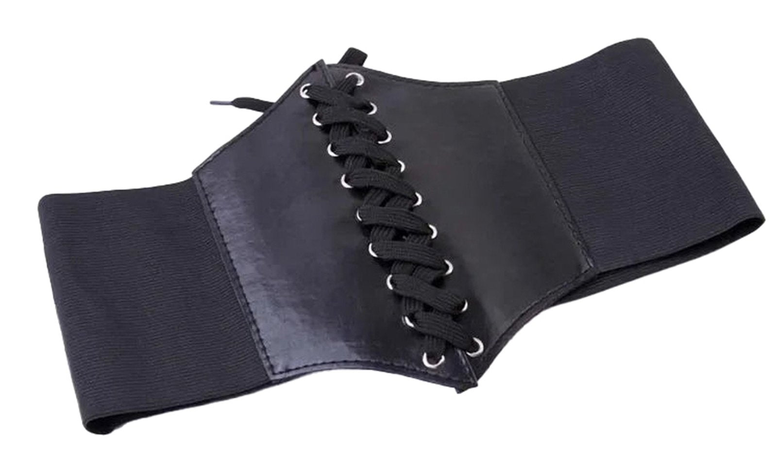 LuckeLadybug fashion corset belt for women in black with lace-up design and stretchy sides