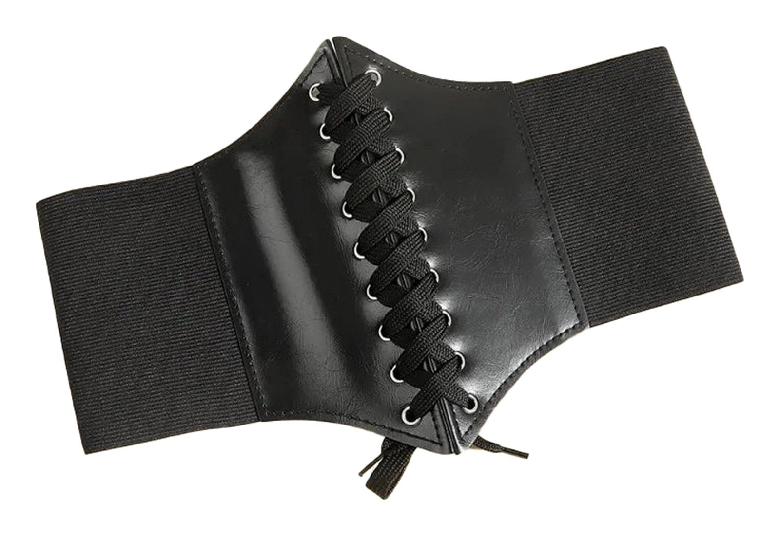Black fashion corset belt for women with lace-up design and stretchy sides for comfortable wear