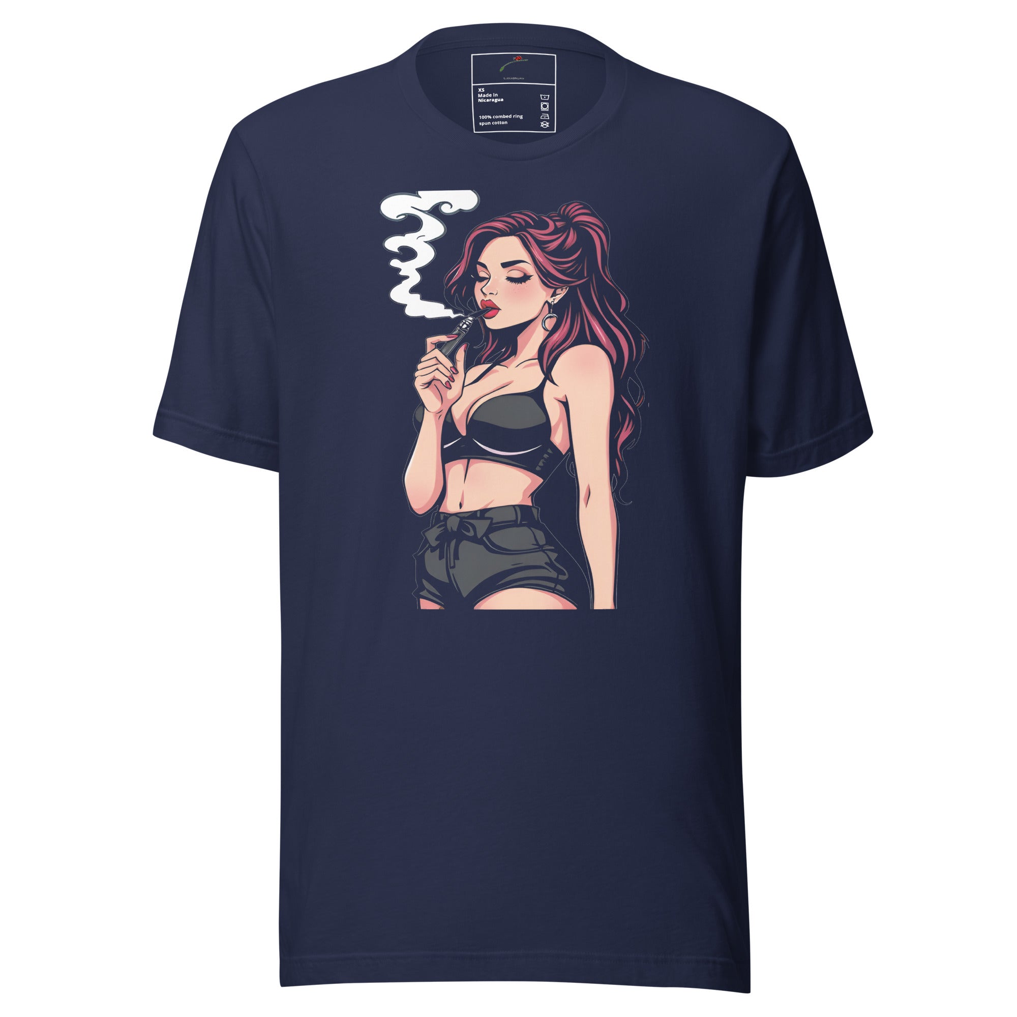 Navy LuckeLadybug fashion-forward vape t-shirt featuring a graphic of a woman vaping in stylish attire