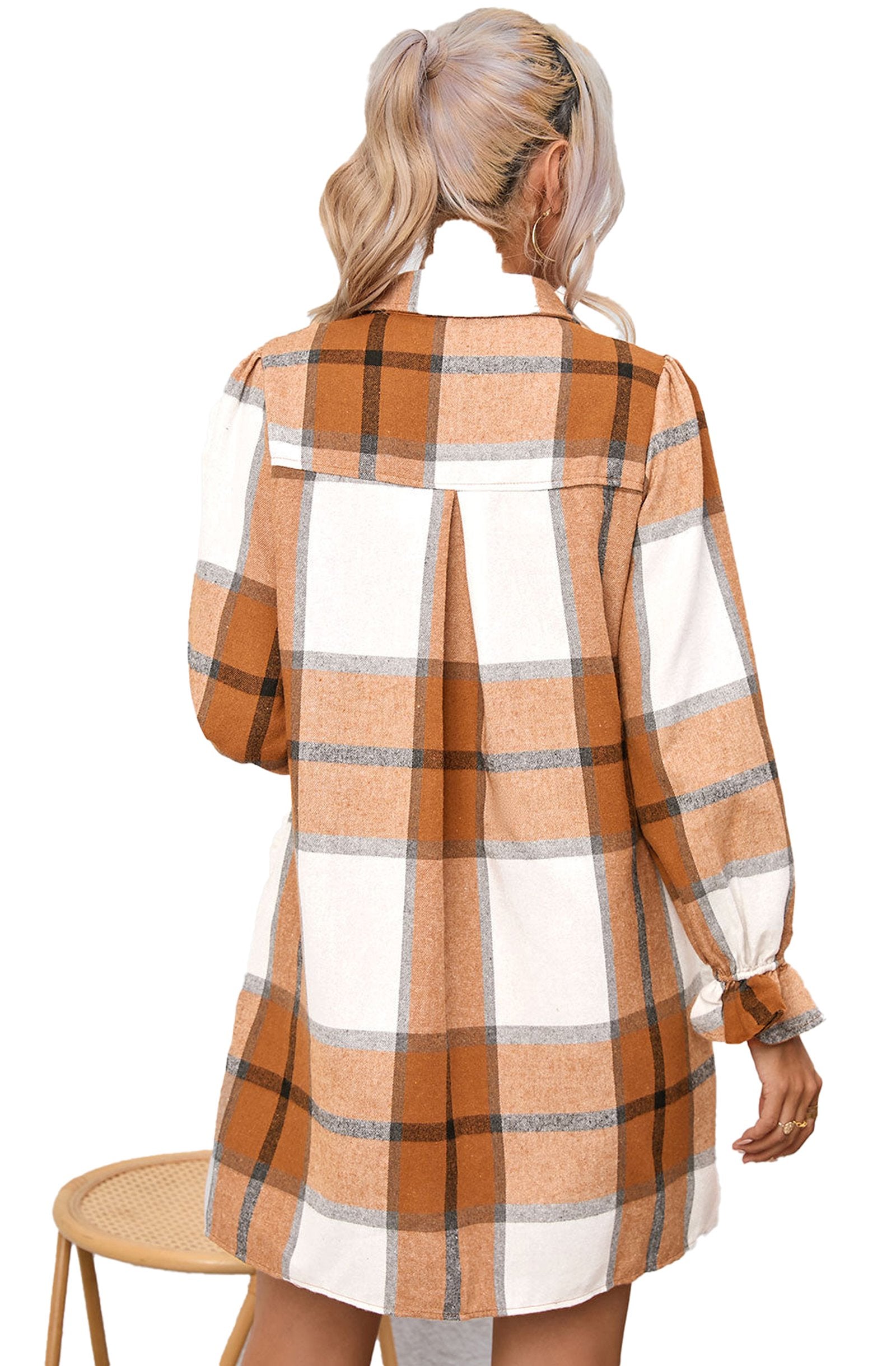 LuckeLadybug khaki plaid shirt dress H Line back view long sleeve relaxed fit with button cuffs