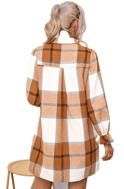 LuckeLadybug khaki plaid shirt dress H Line back view long sleeve relaxed fit with button cuffs