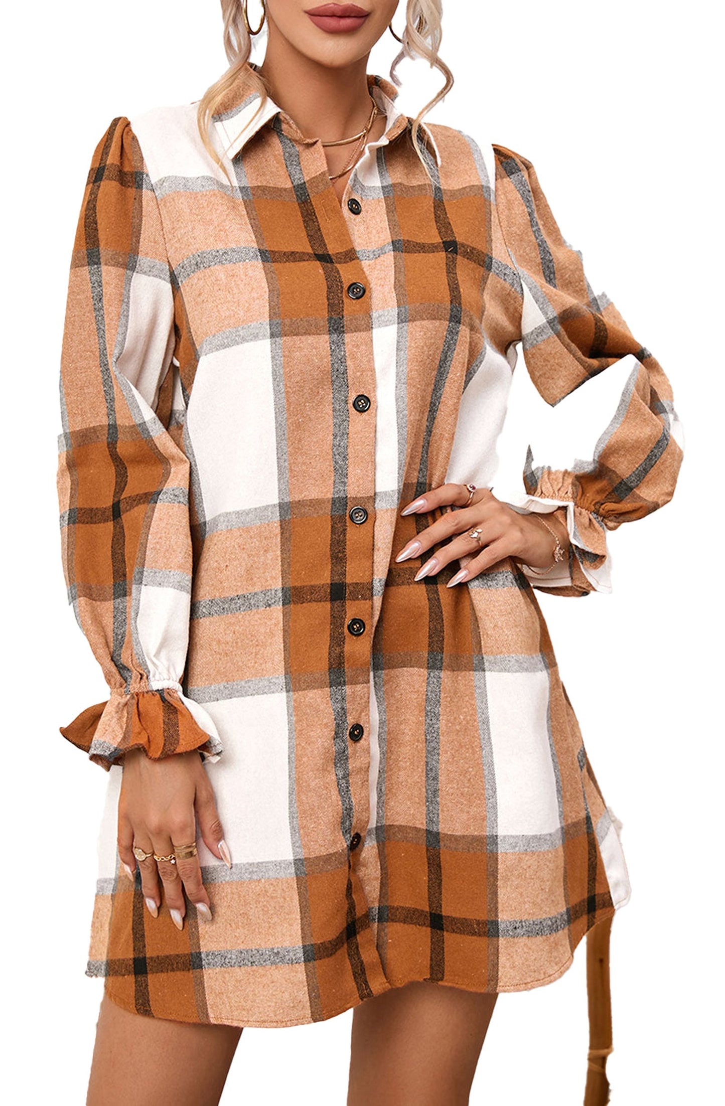 LuckeLadybug H Line khaki plaid shirt dress button front long sleeves ruffle cuffs casual tunic
