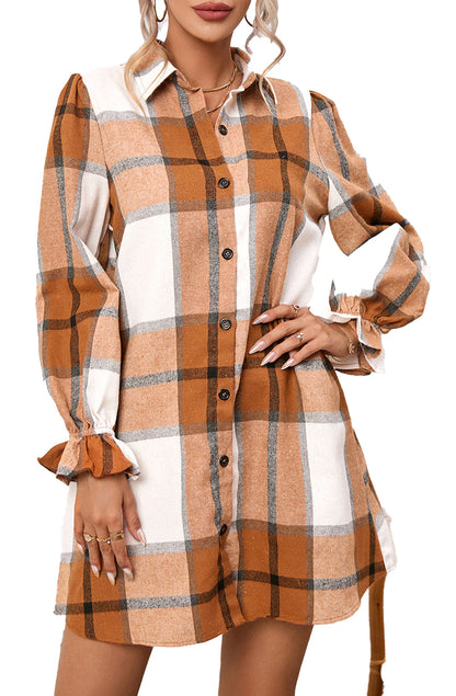 LuckeLadybug H Line khaki plaid shirt dress button front long sleeves ruffle cuffs casual tunic