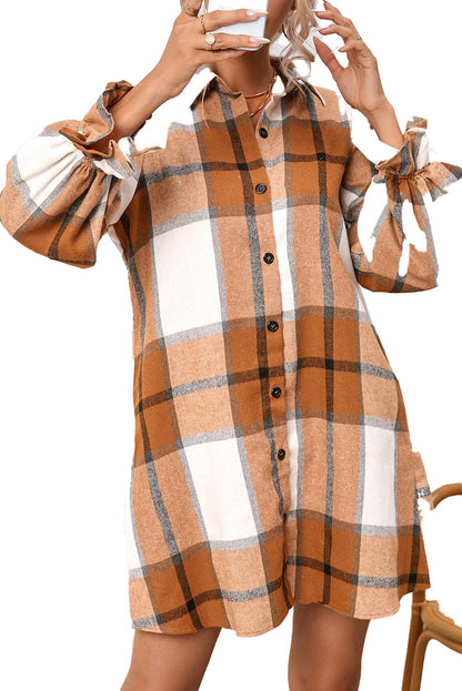 LuckeLadybug H Line khaki plaid shirt dress button down mini with ruffle sleeves for casual wear