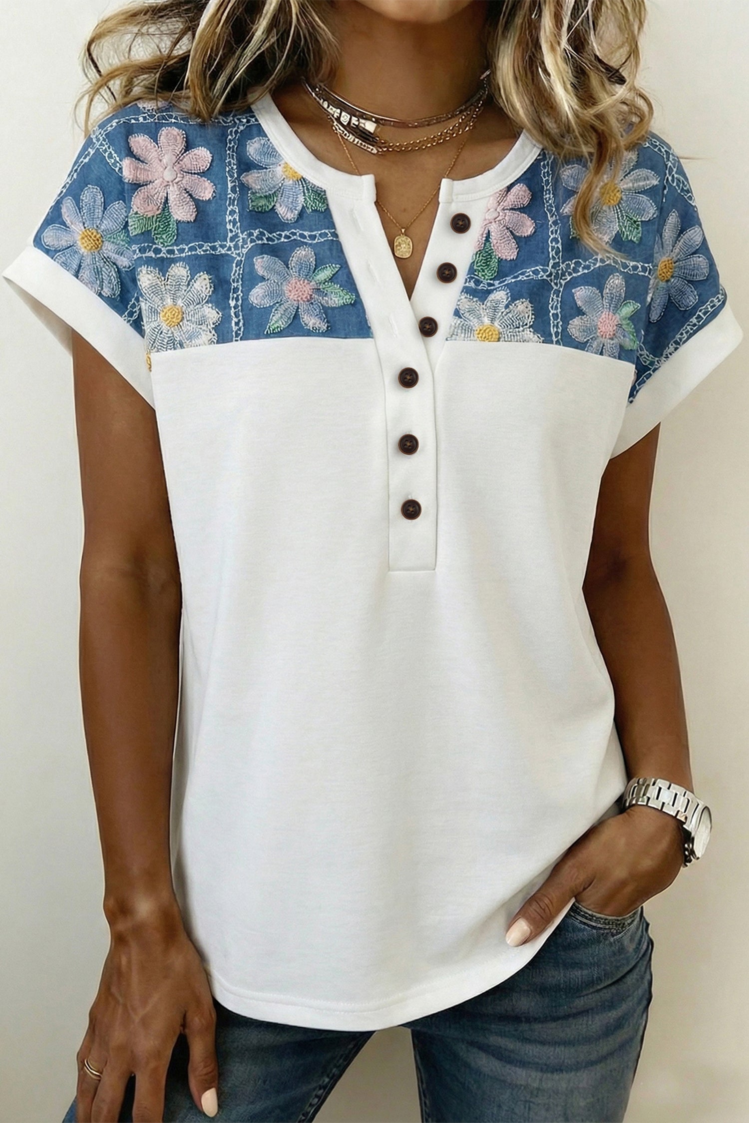 LuckeLadybug LLC floral embroidered long sleeve short top with buttons for casual style