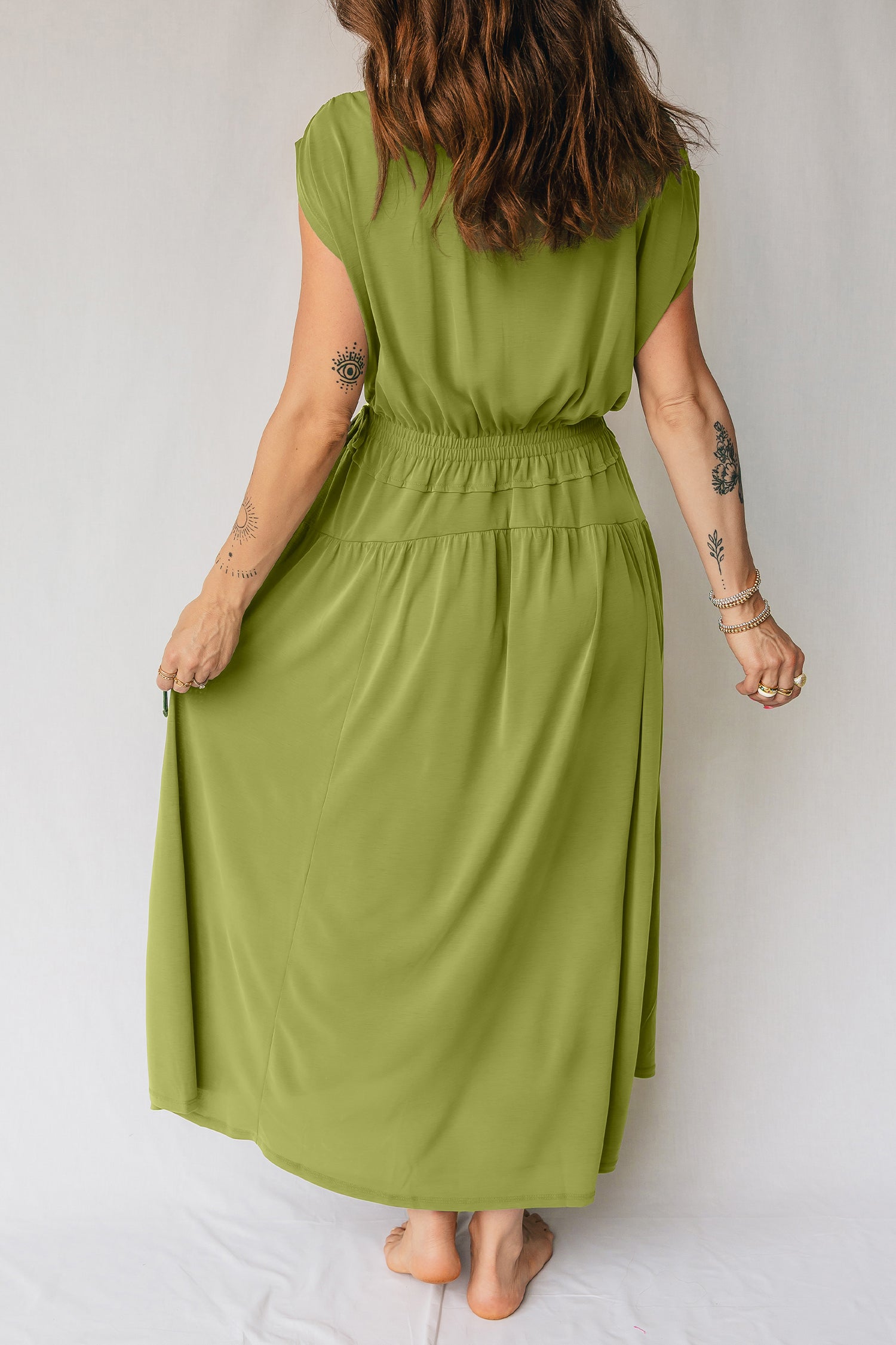 Olive Green Fit & Flare Dress with Adjustable Waist for Comfortable Styling and maxi dress.