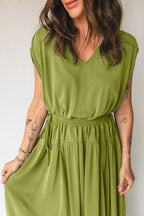 LuckeLadybug LLC Olive Green Fit & Flare Maxi Dress with Adjustable Drawstring Waist