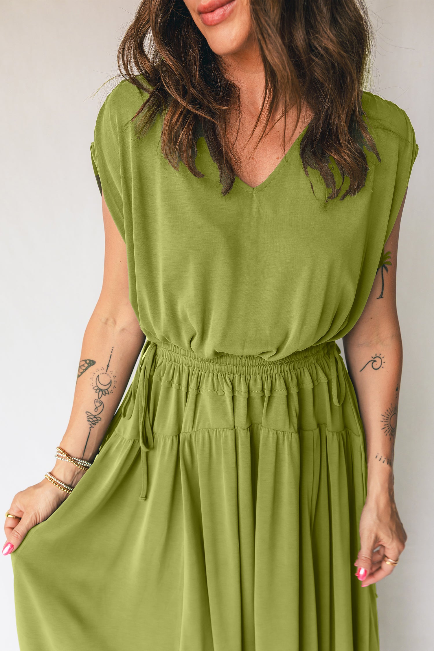 LuckeLadybug LLC Olive Green Fit & Flare Maxi Dress with Adjustable Drawstring Waist