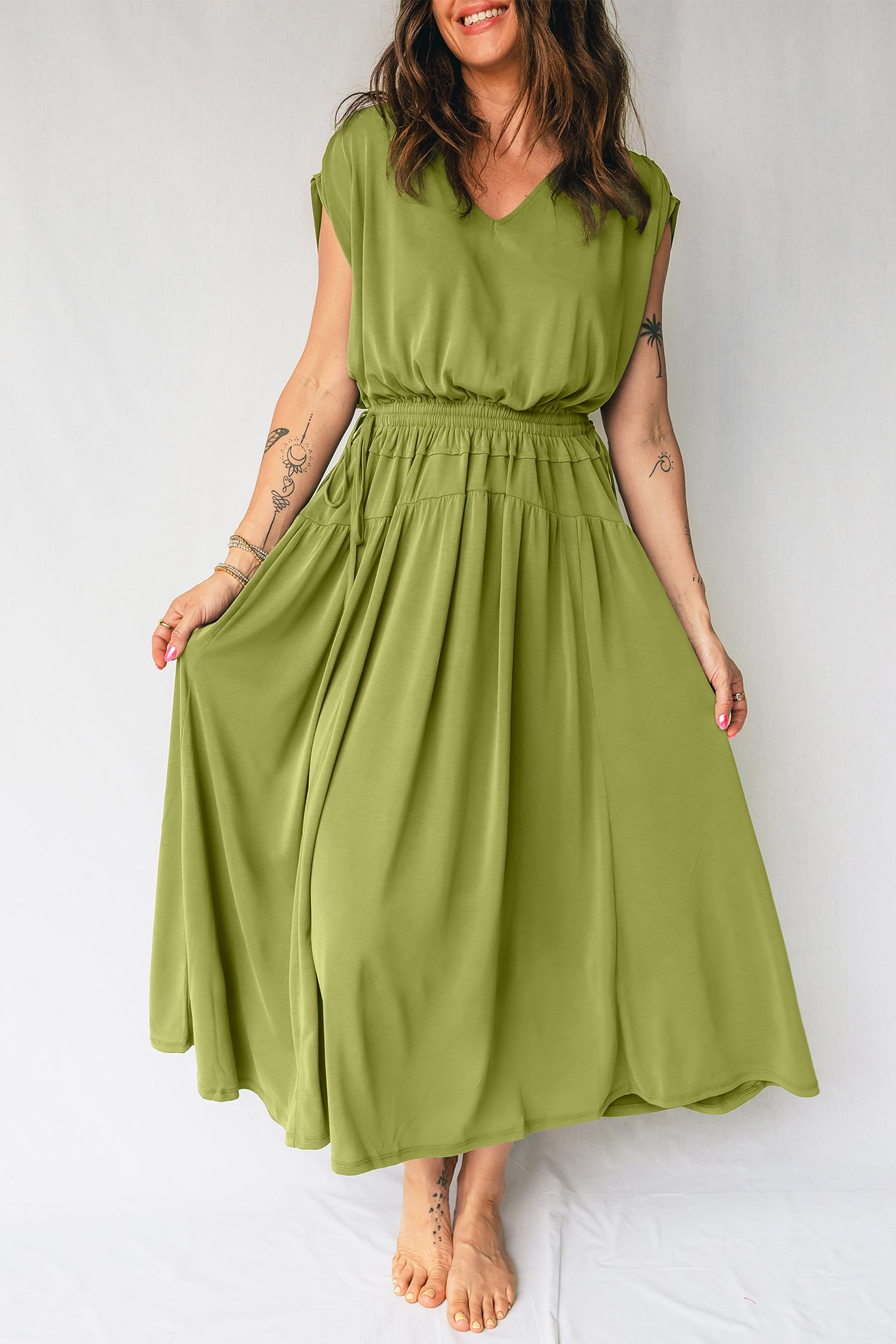 LuckeLadybug LLC Fit & Flare Dress in Olive Green as a stylish and maxi dress