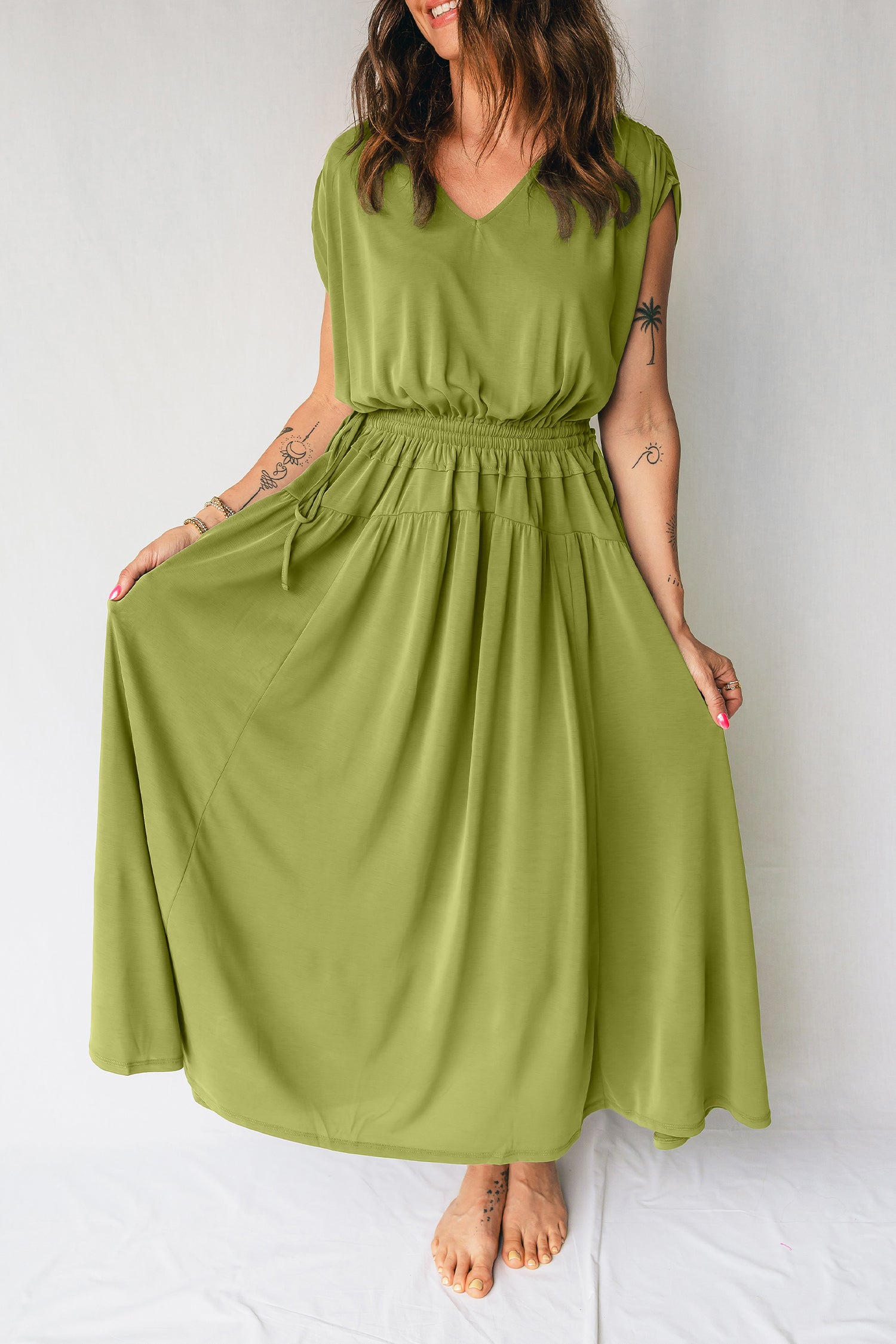 LuckeLadybug LLC Olive Green Fit & Flare and maxi dress with elastic waistband and short sleeves