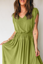 Olive green LuckeLadybug LLC fit and flare maxi dress with a flattering V-neck and elastic waist