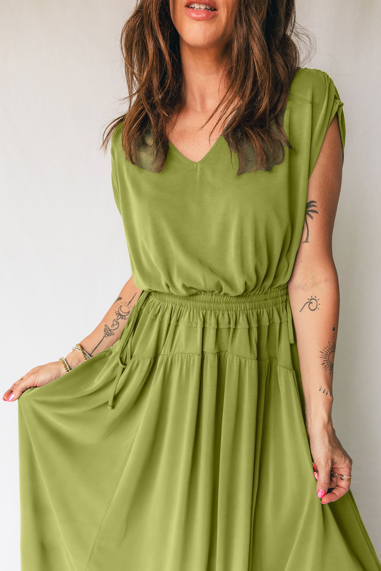 Olive green LuckeLadybug LLC fit and flare maxi dress with a flattering V-neck and elastic waist